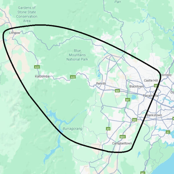Service area map of Western Sydney showing locations covered by West Sydney Landscapes, including Lithgow, Camden, Blacktown and surrounding regions.